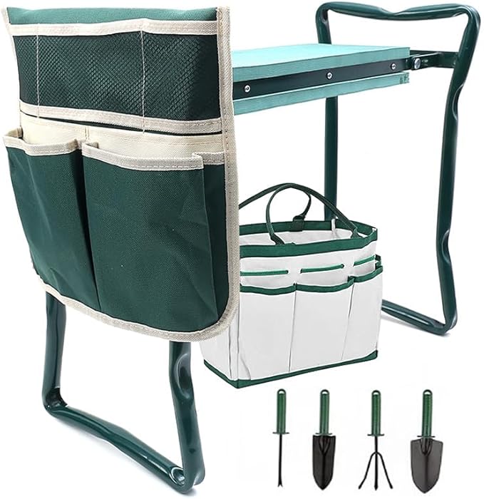Garden Kneeler Seat Garden Stools Foldable Stool with Tool Bag Pouch EVA Foam Pad Capacity-Protects Your Knees for Gardening(Large-23.6" x 10.6" x 19.3") Tool kit（wh000005）