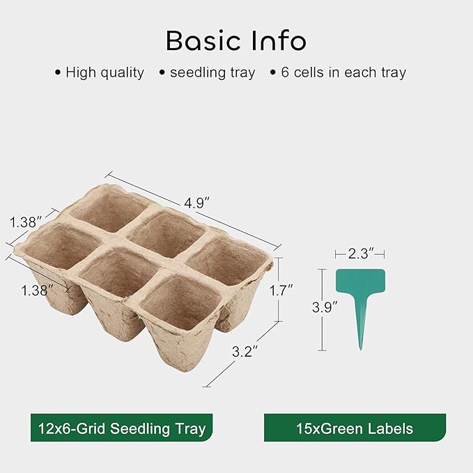 GROWNEER 72 Cells Peat Pots Seed Starter Trays 12 Packs Biodegradable Seedling Pots Germination Trays Organic Plant Starter Kit with 15 Pcs Plant Labels