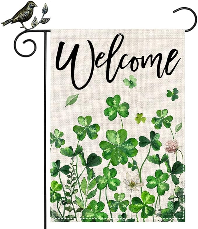 GEEORY St Patricks Day Shamrocks Garden Flag 12 x 18 Inch, Floral Clover Double Sided Decorative Flag For Outside Yard Lawn Outdoor Decoration