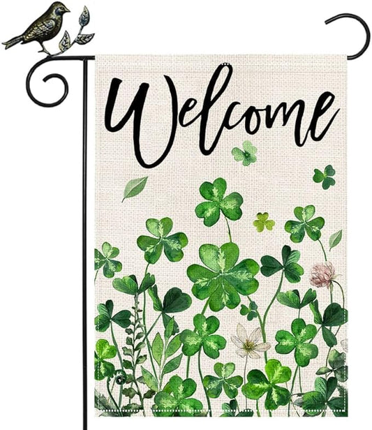 GEEORY St Patricks Day Shamrocks Garden Flag 12 x 18 Inch, Floral Clover Double Sided Decorative Flag For Outside Yard Lawn Outdoor Decoration