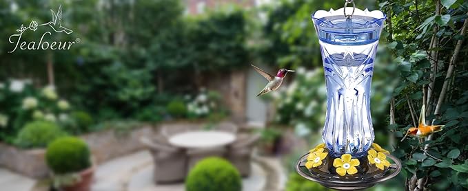 Hummingbird Feeder for Outdoors Hanging, 18 OZ Humming Birds Feeders with 6 Bee Guard Feeding Ports & Built-in Ant Moat, Easy to Clean, Durable Outdoor Garden Decor, Blue