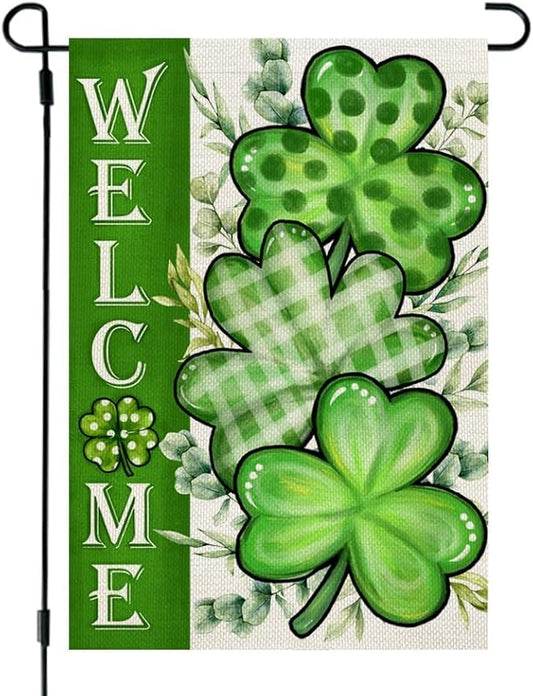 CROWNED BEAUTY St Patricks Day Shamrocks Garden Flag 12x18 Inch Double Sided for Outside Small Welcome Green Clovers Burlap Holiday Yard Flag