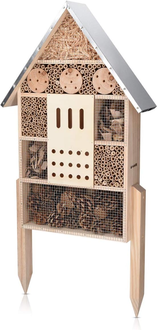 Navaris Insect House with Stakes - Extra Large Wooden Bug Hotel 22.4" H x 15" W - Bee, Butterfly, Ladybug Natural Nesting Habitat for Garden and Yard