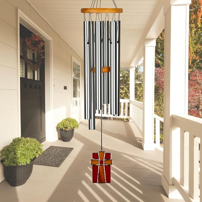 Woodstock Wind Chimes for Outside, Outdoor Decor, Garden, Patio and Front Porch Decor, (28") Memorial Sympathy Wind Chimes Amazing Grace Wind Chime Stained Glass Cross Christmas Gifts (AGS)