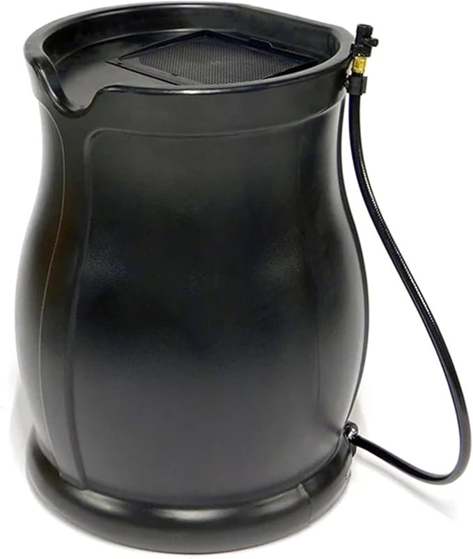 FCMP Outdoor 45-Gallon Catalina Rain Barrel – BPA-Free, Flat-Back Design with 3.5 Foot Garden Hose, Shut-Off Thumb Valve, and Fixed Lid (RB-CAT-BLK) Black