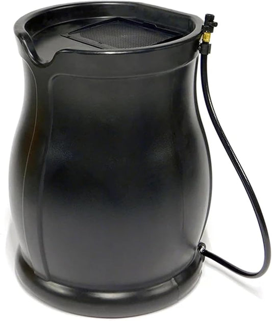 FCMP Outdoor 45-Gallon Catalina Rain Barrel – BPA-Free, Flat-Back Design with 3.5 Foot Garden Hose, Shut-Off Thumb Valve, and Fixed Lid (RB-CAT-BLK) Black