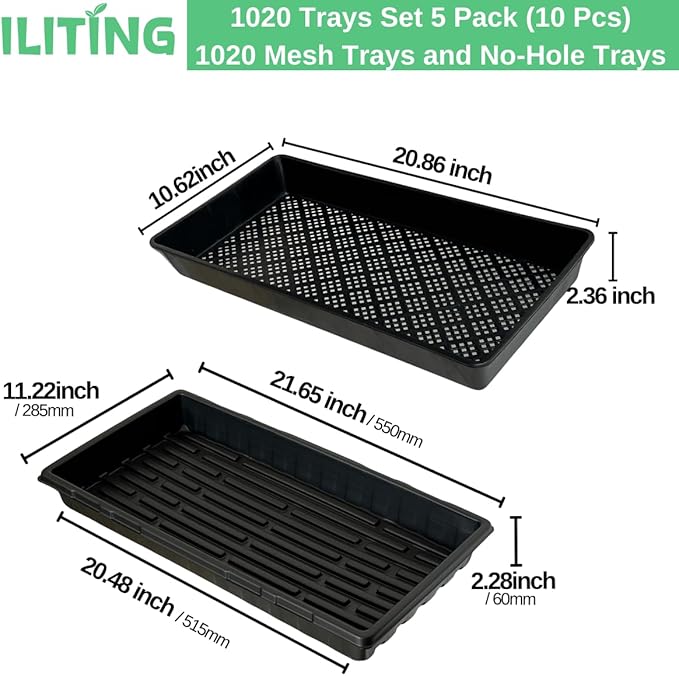 1020 Trays Set - 5 Pack (10 Pcs) Durable 1020 Mesh Tray and No-Hole Tray, Ideal Soil Blocking Trays for Seedlings, Microgreens, and Hydroponics, Heavy-Duty