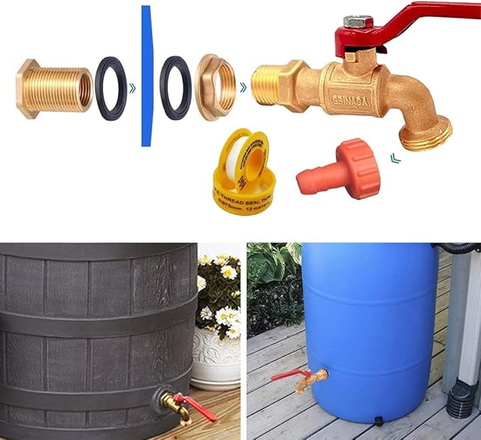 Rain Barrel Spigot, Brass Faucet Kit for Rain Water Barrel, Water Tanks, Tubs, Pools Etc, Turn Ball Valve Rain Barrel Spigot with Bulkhead Fitting Set
