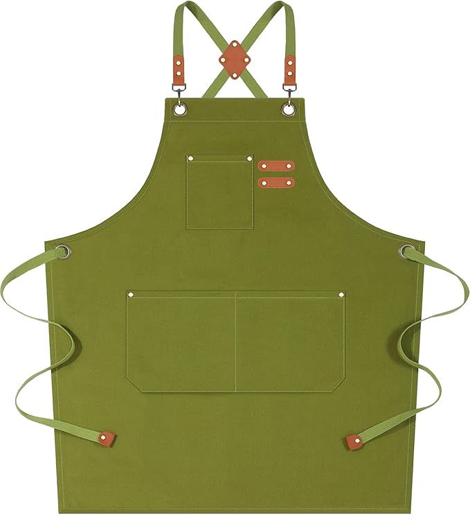 AFUN Chef Aprons for Women Men with Oversized Pockets, 12-Ounce Cotton Canvas Cross Back Water Repellent Apron (Army Green)