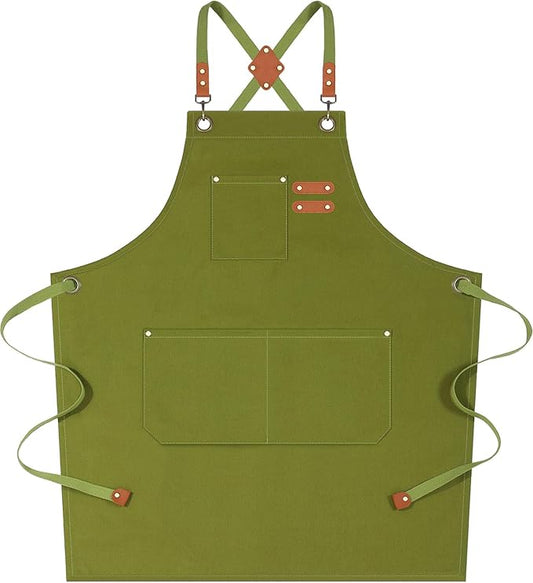 AFUN Chef Aprons for Women Men with Oversized Pockets, 12-Ounce Cotton Canvas Cross Back Water Repellent Apron (Army Green)