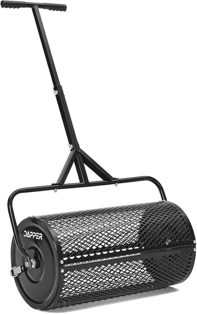 Compost Spreader, 24.4-25.6" Height Adjustable Handle, 24" Wide, Lawn and Garden Peat Moss Roller with Side Latches, Powder Coated Steel Mesh Basket for Spreading Manure, Topsoil, Black