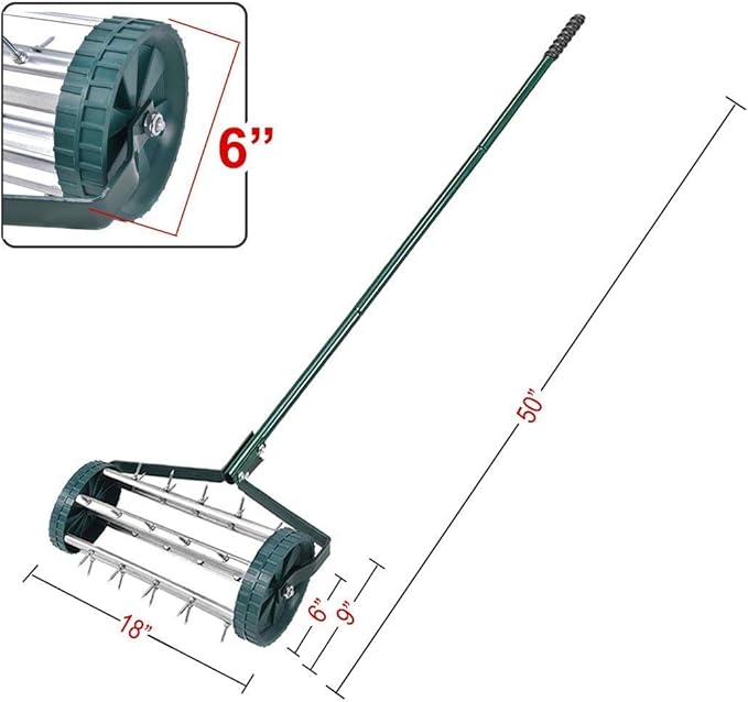Goplus Rolling Lawn Aerator, 18-Inch Garden Yard Rotary Push Tine Heavy Duty Spike Soil Aeration, Manual Lawn Aeration Tool w/ 41-Inch Handle (Silver)