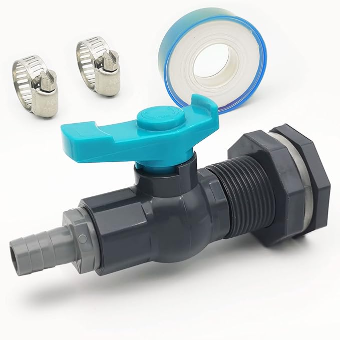 Rain Barrel Spigot PVC Faucet Kit with Bulkhead Fitting, Ball Valve, Garden Hose Barb Adapter, Pipe Clamps, Thread Seal Tape (16mm ID Hose)