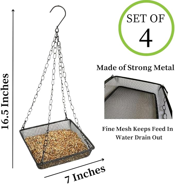 Evelots Hanging Bird Feeder Tray-4 Pack- Sturdy Metal Mesh Seed & Suet Platform-Attract Wild Birds in Backyard-Long 16 Inch Metal Chain-Water Drains Out