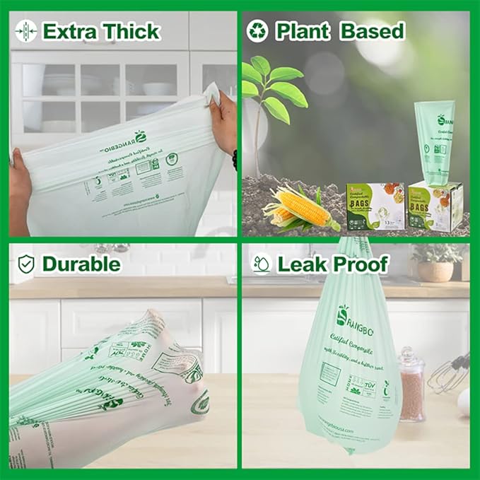 OrangeBio 6-8 Gallon Compostable Trash Bags, 100 Count, Kitchen Food Waste & Compost Bin Liners, Plant-Based Garbage Bags, BPI ASTM D6400 & TÜV OK Compost Home Certified