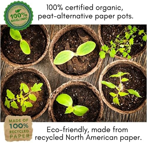 Clovers Garden Organic Recycled Paper Seed Starter Pots - 100% Biodegradable Peat-Free Pots for Seedlings - Qty 60 (3.5" Round) with 24 Markers