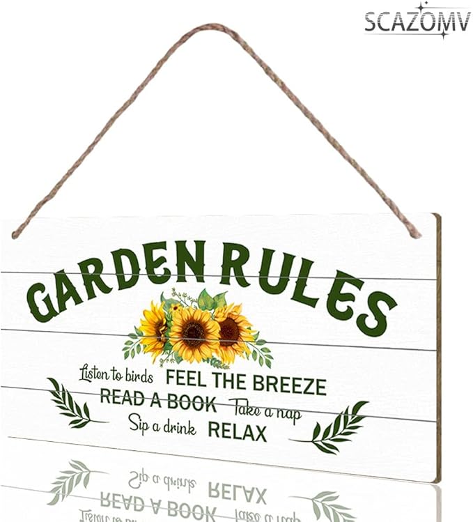 SCAZOMV Garden Sign Decor, Garden Rules Listen To Birds Feel The Breeze Read A Book Take A Nap Sip A Drink Relax, Outdoor Decorative For Garden Farmhouse, Wooden Hanging Plaque 5"X 10"