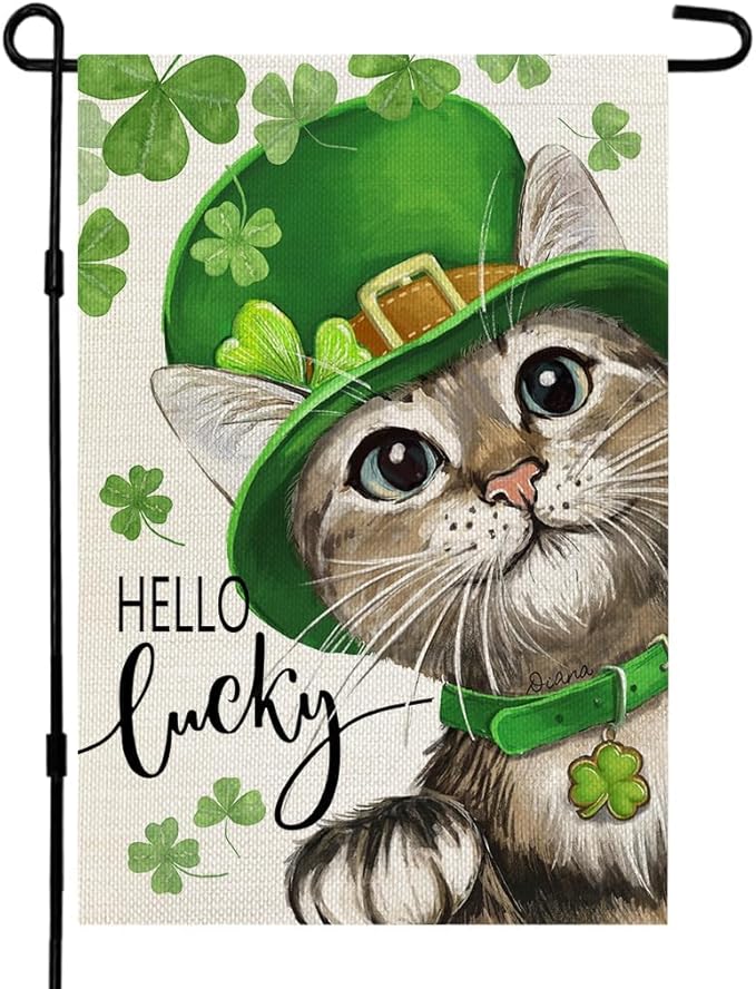 CROWNED BEAUTY St Patricks Day Cat Garden Flag Lucky Shamrock 12x18 Inch Double Sided for Outside Small Burlap Clovers Holiday Yard Flag