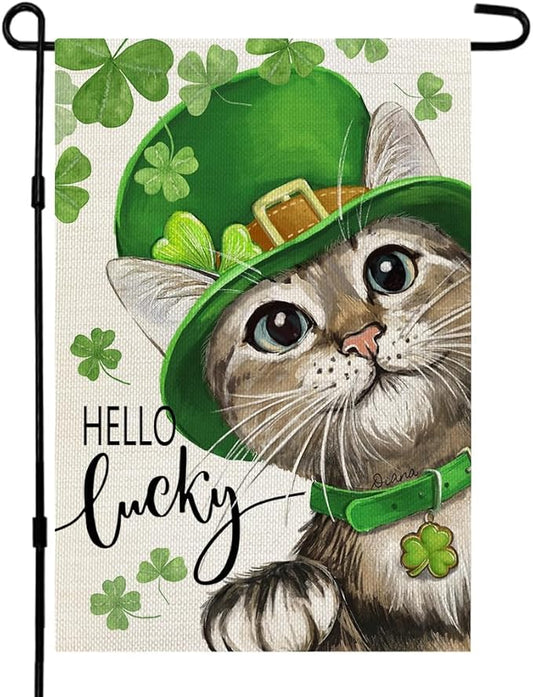 CROWNED BEAUTY St Patricks Day Cat Garden Flag Lucky Shamrock 12x18 Inch Double Sided for Outside Small Burlap Clovers Holiday Yard Flag