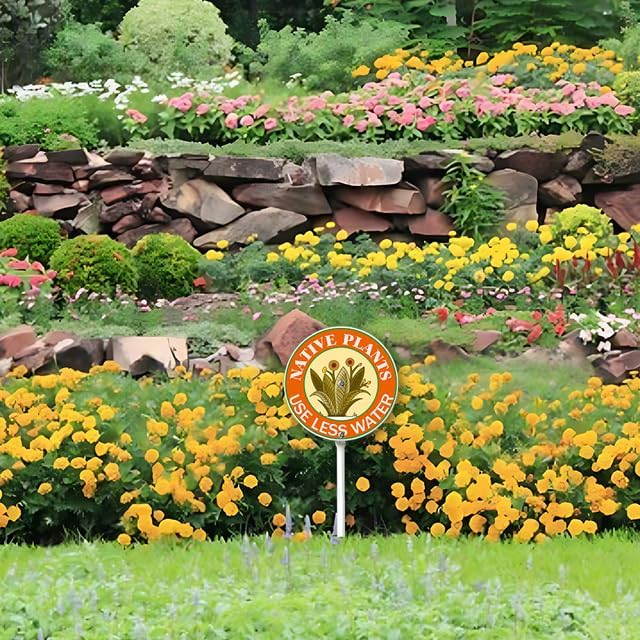 Kurmntregon Native Plants Use Less Water Garden Sign With Stake Plants Yard Sign Round 9.2inch Farm Lawn Yard Prop Walkway Porch Decorations,Outdoor Aluminium Décor