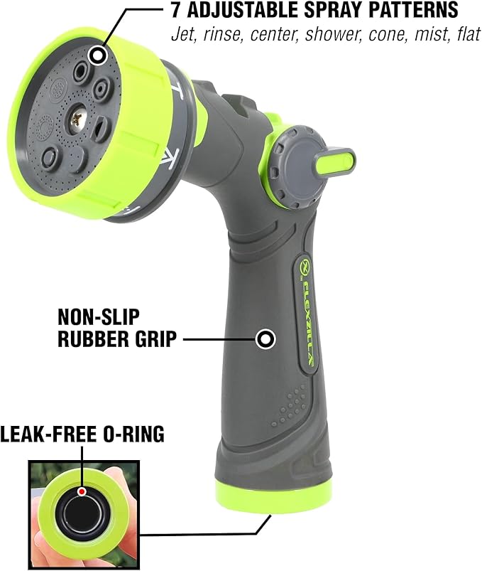 Flexzilla 7-Pattern Adjustable Flow Garden Hose Nozzle Sprayer with Easy to Use Thumb Control, Lightweight & Durable