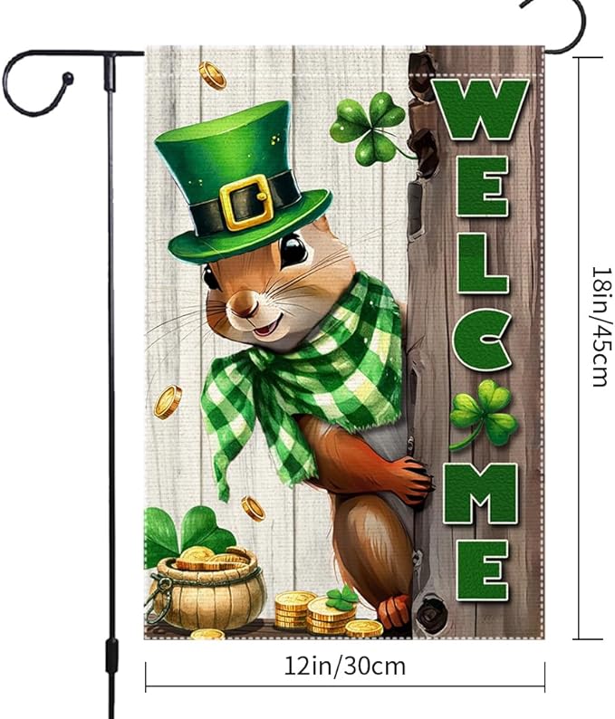 Spring St Patricks Day Garden Flag 12x18inch Double Sided Burlap The Squirrel Lucky Shamrock Garden Flags Happy St. Patrick's Day For Outdoor Yard Patio Lawn Decor,Green Hat with Clovers Gold Coin Pot Welcome Outside Decorations Banner