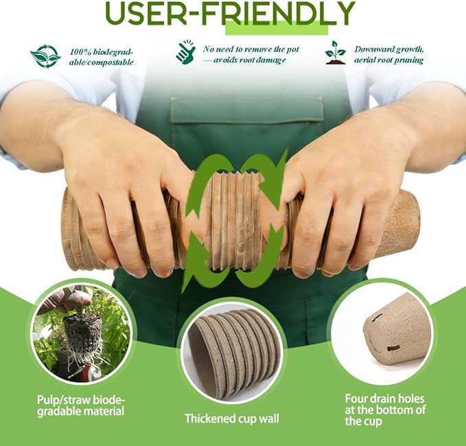 Peat Pots 132 Pcs 3.15 inch, Biodegradable Compostable Plant Seed Starter Pots Paper Potting Cups for Seedlings Planting Seeds, Thickened with Drainage Holes Includes Tools and 132 Plant Tags