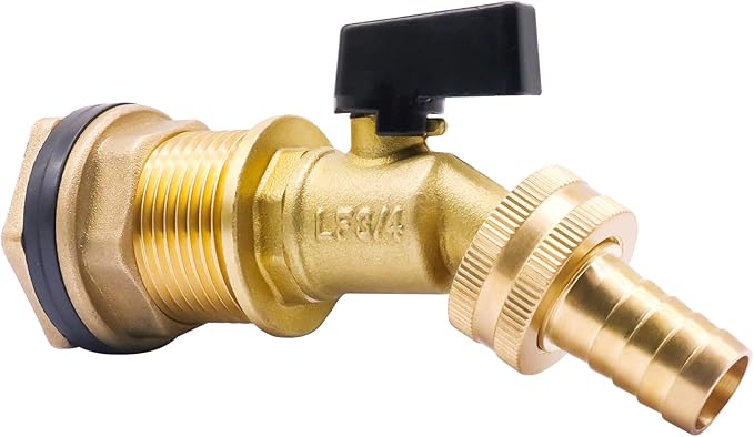 spigot for rain barrel parts kit, brass water barrel spigots accessories for 55 gallon bucket, garden hose connector adapter bulkhead fitting, 1-1/4 inch O.D. inlet & 5/8 inch barb O.D.