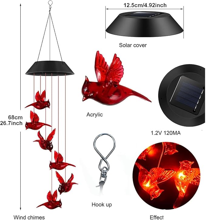 Cardinal Solar Wind Chimes for Outside,2 Pack Cardinal Gifts for Women Mom Mother,Solar Red Bird Memorial Wind Chimes,Solar Powered Wind Chime Waterproof,Red Bird Decor for Garden Patio Outdoor Porch