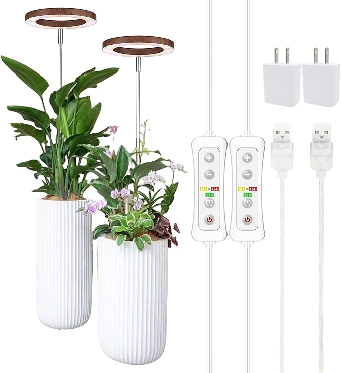Plant Grow Light,yadoker LED Growing Light Full Spectrum for Indoor Plants,Aluminum Walnut Wood Grain Plant Lights,Height Adjustable, Automatic Timer, 5V Low Safe Voltage,Idea for Large Plant Light，