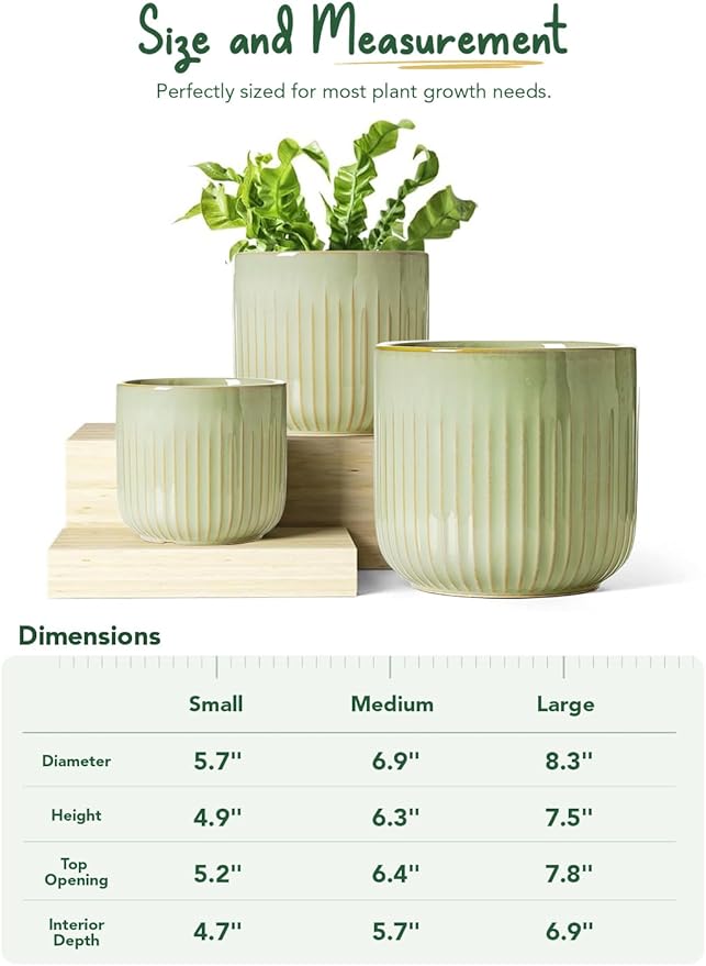 LE TAUCI Fluted Ceramic Pots for Plants, 8.3/7/6 Inch Indoor Planters with Drainage Holes & Mesh, Modern Glossy Glaze Cylinder Plant Pot for Snake Plant, Set of 3, Sage Green