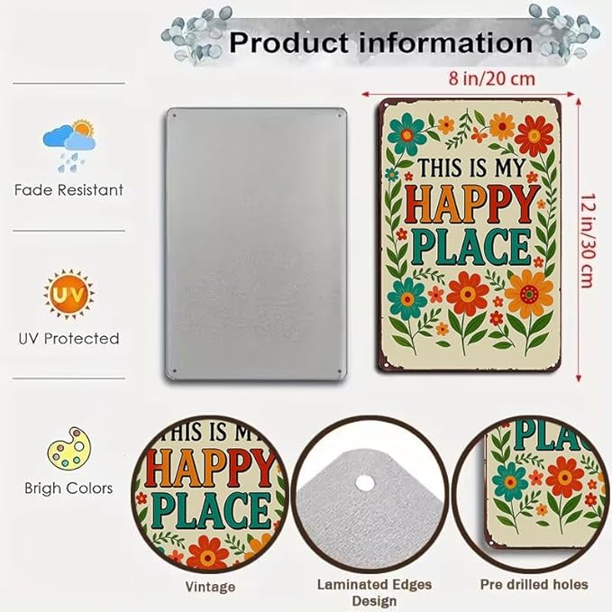Funnysign Garden Gifts This Is My Happy Place Vintage Tin Sign for Home Garden Patio Yard Decor 8 X 12 Inch(3981)