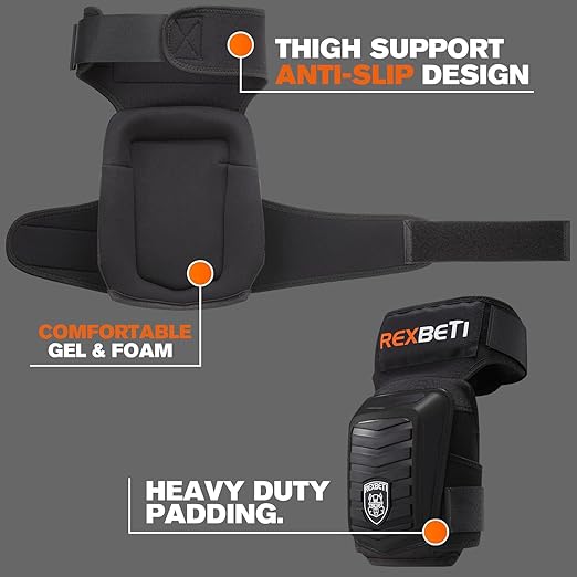 REXBETI New Upgraded Knee Pads for Work, Construction Knee Pads for Men, Heavy Duty Comfortable Anti-Slip Foam Gel Knee Pads for Gardening Flooring and Cleaning, Extra 4 Extension Straps, Black