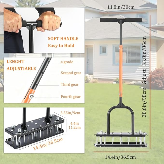 Lawn Aerator Tool – Grass & Yard Aerator, 4 Adjustable Height Settings, Metal Construction with Ergonomic Handle and Spring-Assisted Design for Effortless Yard Care.