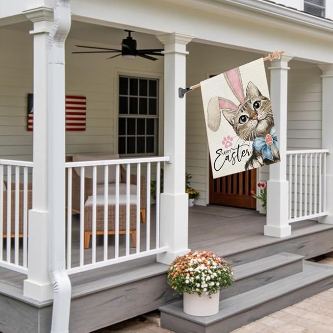 CROWNED BEAUTY Easter Cat House Flag 28x40 Inch Double Sided for Outside Small Burlap Welcome Holiday Yard Decoration CF1729-40