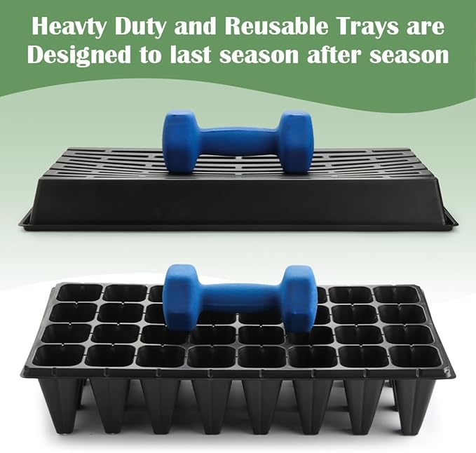 10 Pack 1020 Trays No Holes and 10 Pack 4.3" Deep 32 Cell Seed Starter Trays, 20" x 10" - Heavy Duty Plastic Nursery Flats for Seed Germination & Plant Propagation (10 Sets)