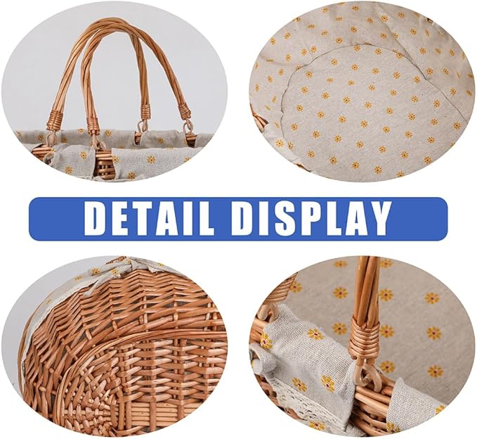 Large Wicker Picnic Basket with Handles,Handle Sturdy Woven Body with Removable and Washable Lining,Outdoor Camping,Gift Packing,Garden Picking, Storage.Yellow Flower