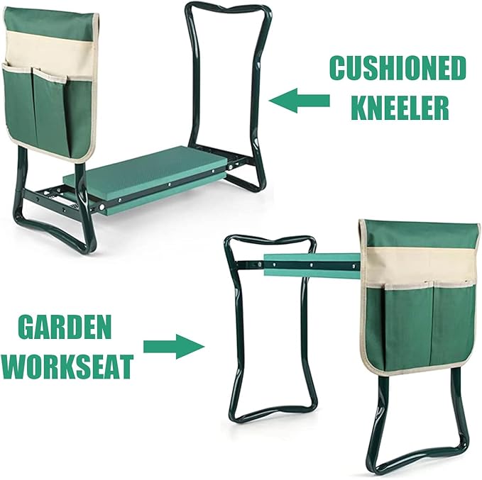 Garden Kneeler and Seat, Soft EVA Kneeling Pad Stool with Tool Pouch, Heavy Duty Foldable Gardener Stool, Green