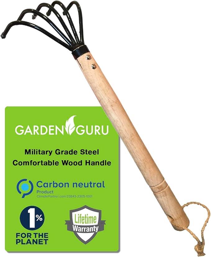 Garden Guru Hand Rake Cultivator Claw Soil Tiller - Military Grade Steel - Rust Resistant - 5 Tine Japanese Ninja Claw - Comfortable Wood Handle - Perfect Pulverized and Aerated Soil - 1 Case (60 Pcs)
