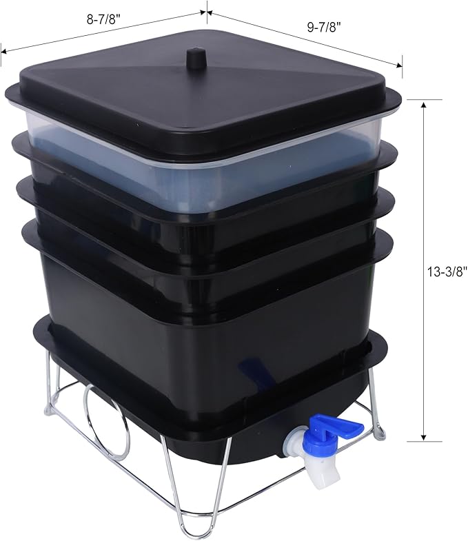 4-Layer Worm Bin with Worm Farm Kit, 20L Worm Composter Indoor & Outdoor with A Tap for Recycling Food Waste, Worm Castings, Easy Setup (Black, 4-Layer)