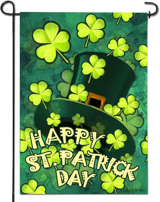 Anley Double Sided Premium Garden Flag, Happy St. Patrick's Day Green Hat with Clover Decorative Garden Flags for Home Decor - Weather Resistant & Double Stitched Yard Flags - 18 x 12.5 Inch