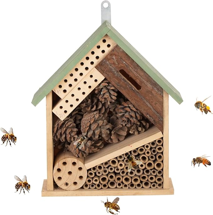 Wooden Multi Habitat Insect House Outdoor Garden Decorative Wooden Insect Hotels for Bee, Butterfly and Beetle Tree of Life Light Green Bee House