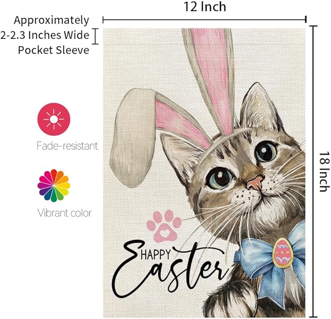 CROWNED BEAUTY Happy Easter Cat Garden Flag 12x18 Inch Double Sided for Outside Small Burlap Rabbit Ear Holiday Yard Decoration CF1729-12