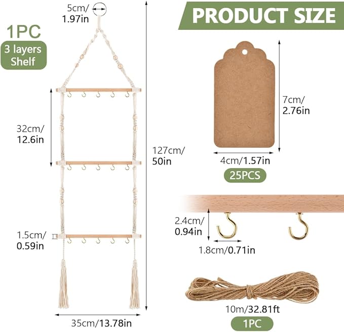 3-Tier Hanging Herb Drying Rack, Includes 25 Gift Tags & 32ft Natural Jute Twine, Handwoven Hanging Herb Dryer Rack Plant Hanger for Drying Herbs, Flowers, Sage(COLOR:Beige)