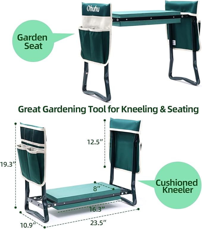 Ohuhu Garden Kneeler and Seat Heavy Duty, Upgraded Gardening Stool with Thicker and Wider EVA Foam Kneeling Pad Foldable Garden Bench with 2 Large Tools Pouches, Christmas Gardening Gifts for Seniors