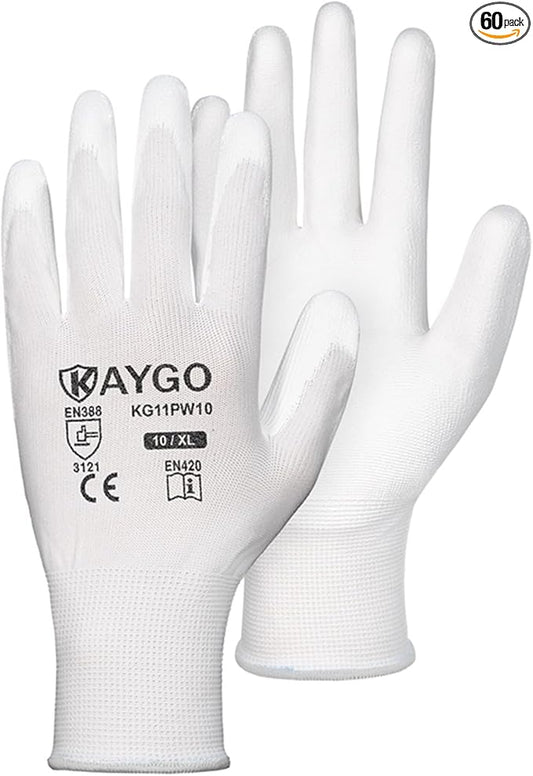 KAYGO Work Gloves for Men and Women, 60 Pairs Seamless Knit PU Coated Safety Gloves, with Smooth Grip on Palm and Fingers, Ideal for Light Warehouse, Manufacturing, Gardening, KG11P (XL, White)