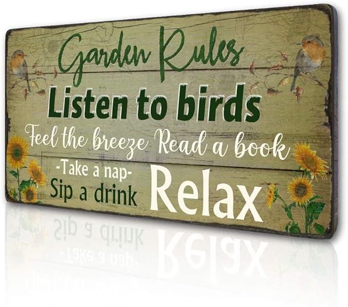 Retro Garden Rules Sign Vintage Signs for Home Porch Patio Yard Shed Decor Hanging Garden Plaque Listen to Birds Quotes by 16''x8''