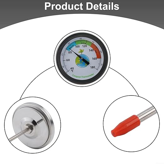Stainless Steel Compost Soil Thermometer,with 200mm Probe for Garden Outdoor Plant Care Temperature Range 40°F-180°F(Earth)