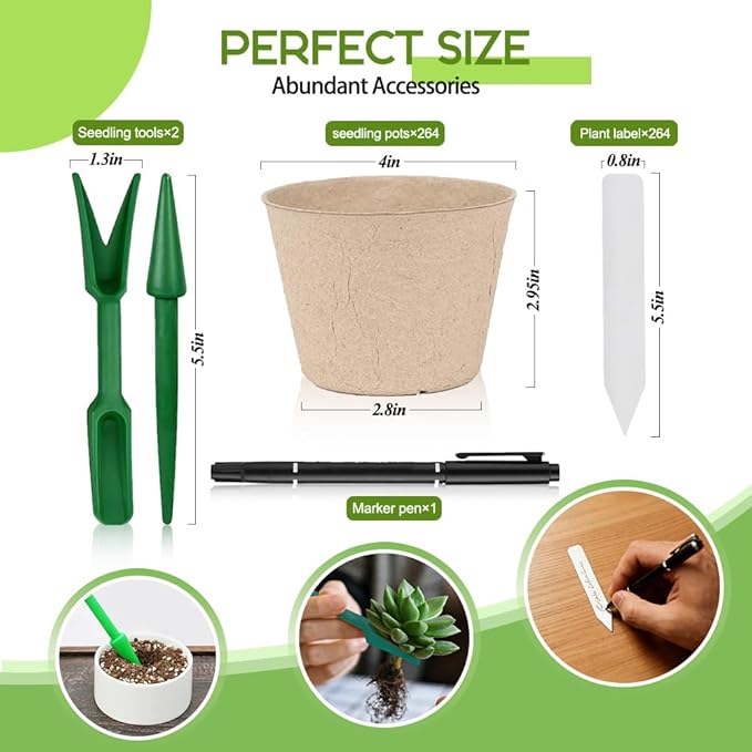 Peat Pots 264 Pcs 4 inch, Biodegradable Compostable Plant Seed Starter Pots Paper Potting Cups for Seedlings Planting Seeds, Thickened with Drainage Holes Includes Tools and 264 Plant Tags