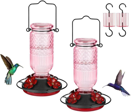FEED GARDEN Glass Hummingbird Feeder for Outdoors Hanging, 16 OZ Humming Bird Feeders with 4 Bee Guard Feeding Ports & Built-in Ant Moat, Hummingbird Gifts for Mom Bird Feeder for Outside, Pink,2 Pack